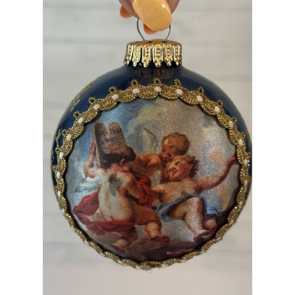 Vintage German Glass Christmas Ornament Blue Cherub Angel Decoupage